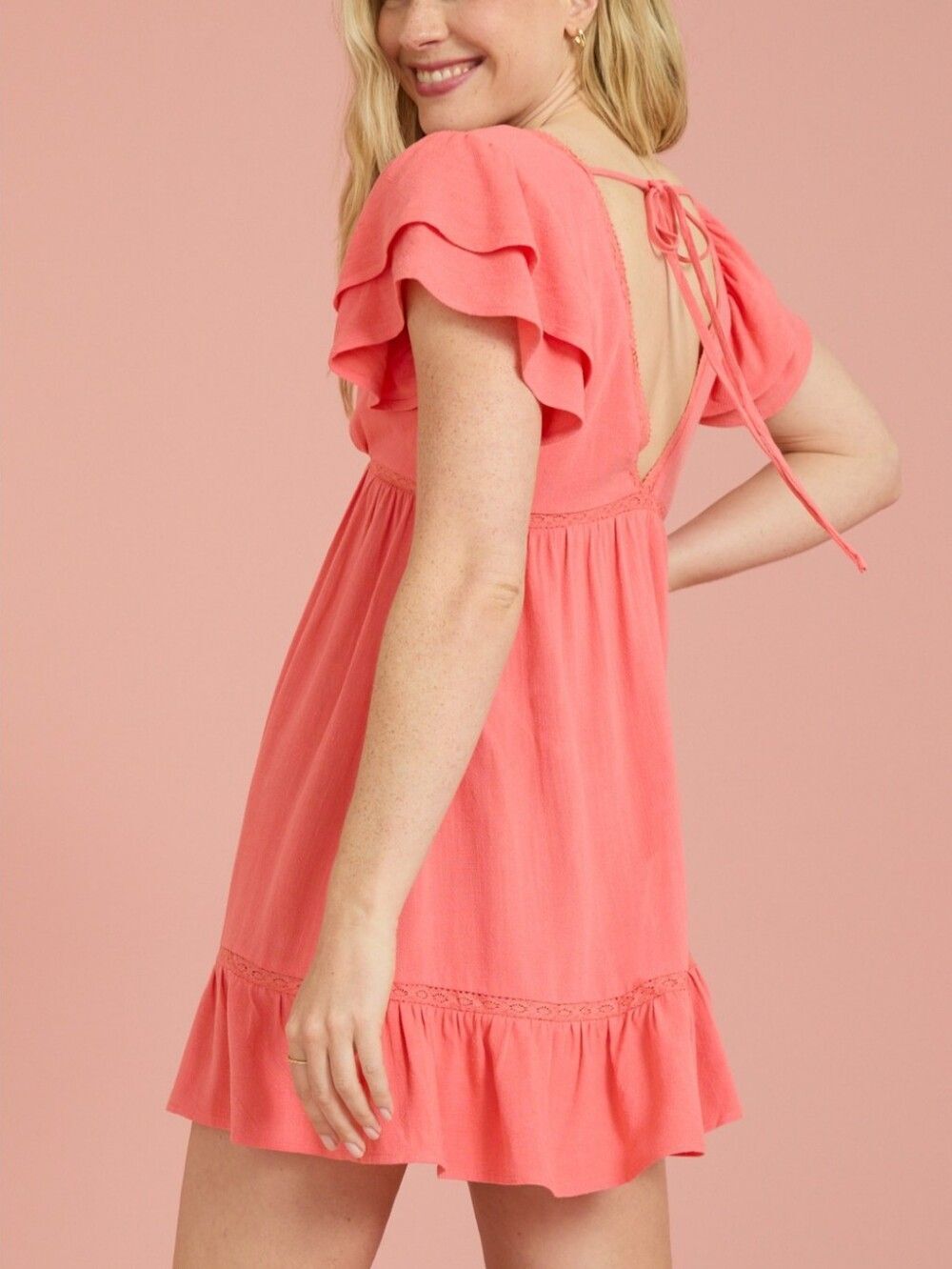 Altar'd State Womens Coral Pink Boho Beach Linen Mini Dress Size Small